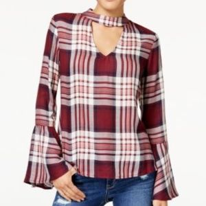 Juniors' Cutout Bell-Sleeve Plaid Top